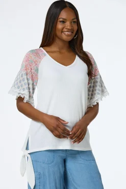 Cato Floral Sleeve Waffle Top> Tops