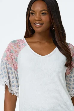 Cato Floral Sleeve Waffle Top><noscript><img width=