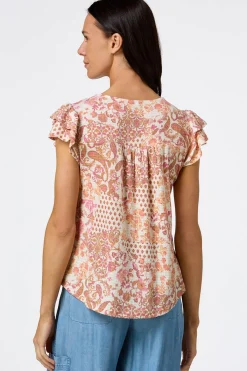 Cato Flutter Floral Lace Trim Top> Tops
