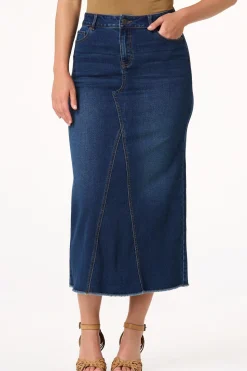 Cato Frayed Denim Midi Skirt><noscript><img width=