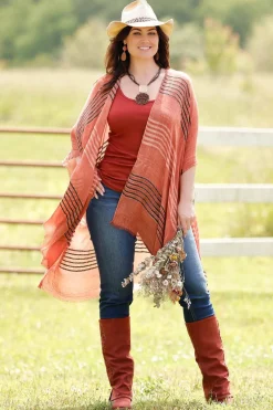Cato Frayed Trim Stripe Kimono><noscript><img width=