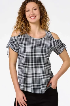 Cato Gingham Cold Shoulder Top> Tops