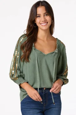 Cato Gold Disc Embellished Poet Top> Tops