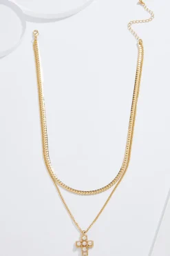 Cato Pearl Cross Pendant Layered Necklace> Inspirational|Necklaces