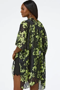 Cato Green Floral Illusion Stripe Kimono> Cover Ups|Tops