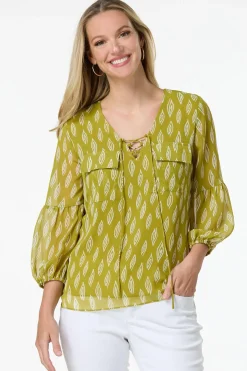 Cato Green Lace Up Top> Tops