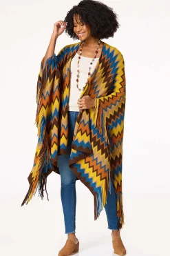 Cato Knit Chevron Fringe Poncho><noscript><img width=