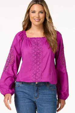 Cato Lace Panel Balloon Sleeve Top> Tops