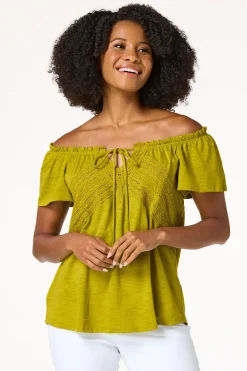 Cato Lace Trim Tie Neck Top> Tops