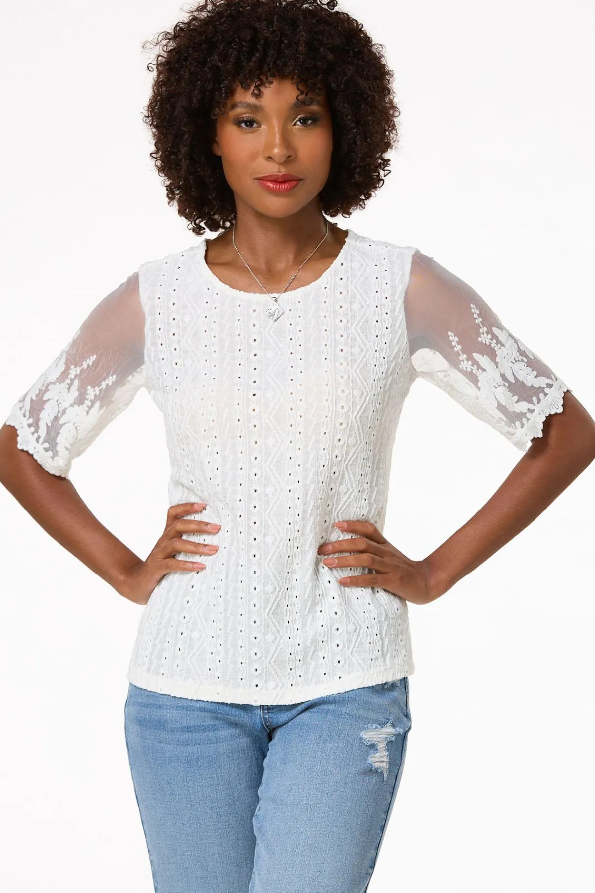 Cato Lacy Mesh Sleeve Top> Tops