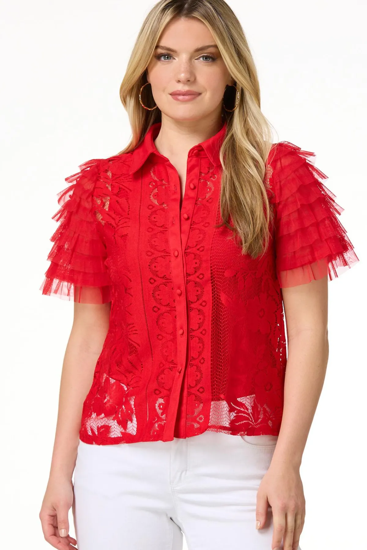 Cato Lacy Tulle Sleeve Top> Tops