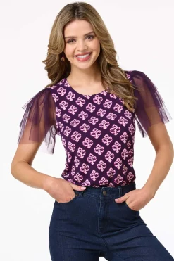 Cato Medallion Tulle Sleeve Top><noscript><img width=