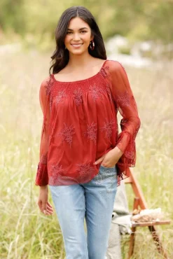 Cato Mesh Embroidered Bell Sleeve Top> Tops