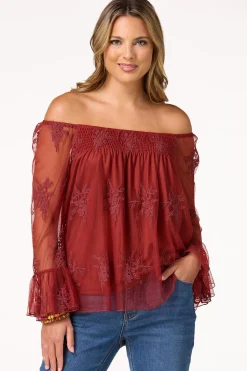 Cato Mesh Embroidered Bell Sleeve Top><noscript><img width=