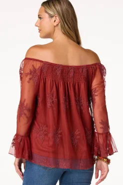 Cato Mesh Embroidered Bell Sleeve Top><noscript><img width=