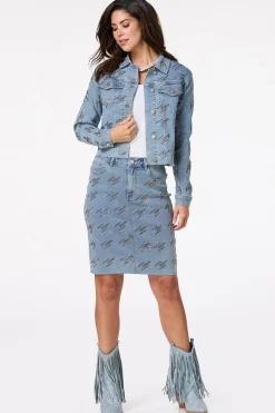 Cato Metallic Stud Denim Skirt><noscript><img width=