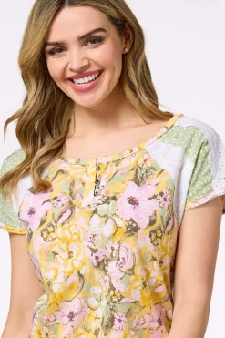 Cato Mixed Print Henley Top><noscript><img width=