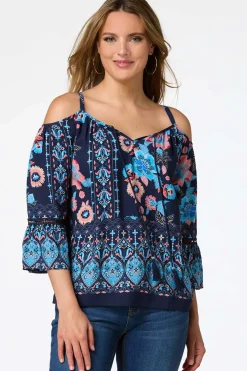 Cato Navy Floral Cold Shoulder Top> Tops