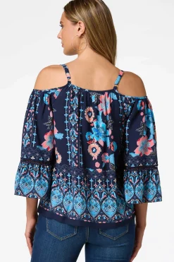 Cato Navy Floral Cold Shoulder Top> Tops