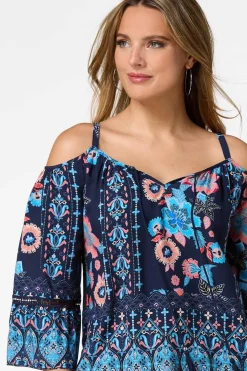 Cato Navy Floral Cold Shoulder Top><noscript><img width=