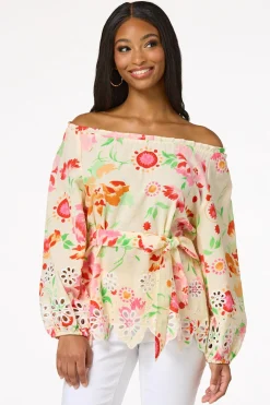 Cato Off Shoulder Floral Eyelet Detail Top> Tops