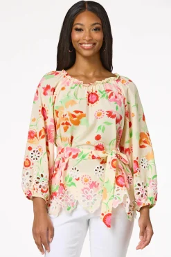 Cato Off Shoulder Floral Eyelet Detail Top><noscript><img width=
