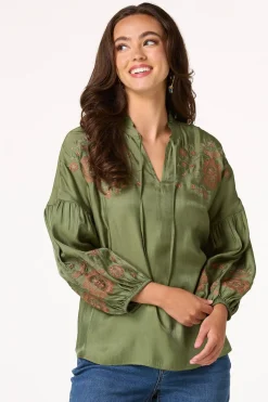 Cato Olive Embroidered Balloon Sleeve Top> Tops