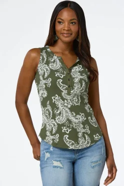 Cato Olive Paisley Ribbed Henley Tank> Tops