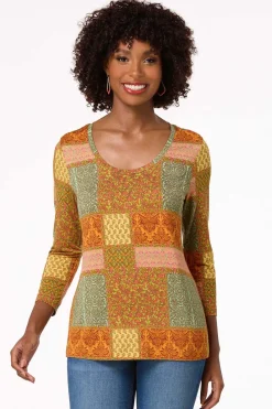 Cato Olive Patchwork Top> Tops