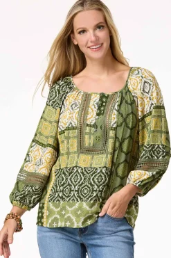 Cato Olive Patchwork Top> Tops