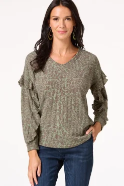 Cato Olive Ruffled Sleeve Waffle Top> Tops