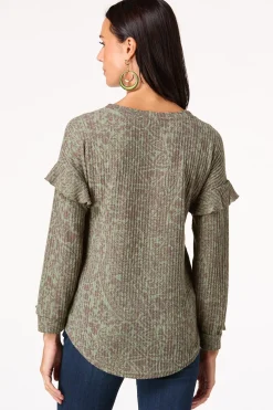 Cato Olive Ruffled Sleeve Waffle Top> Tops