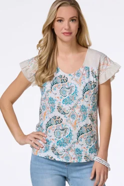 Cato Paisley Ruffled Sleeve Top> Tops