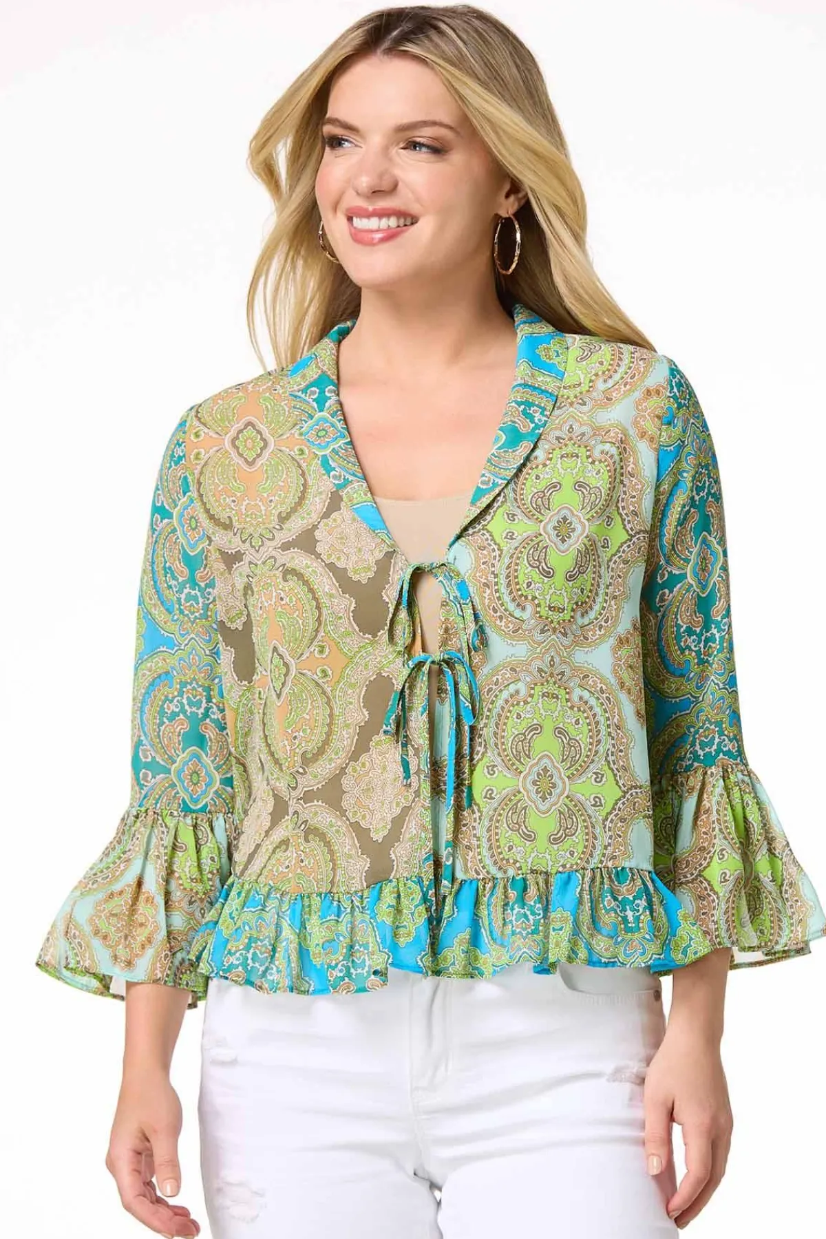 Cato Paisley Ruffled Trim Cardigan> Tops