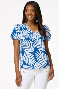 Cato Palm Leaf Bubble Sleeve Top> Tops