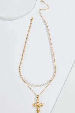Cato Pearl Cross Pendant Layered Necklace> Inspirational|Necklaces
