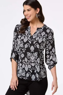 Cato Petite Black And White Floral Tunic> Petites|Tops
