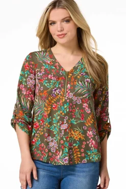 Cato Petite Garden Floral Zip Front Top> Petites|Tops