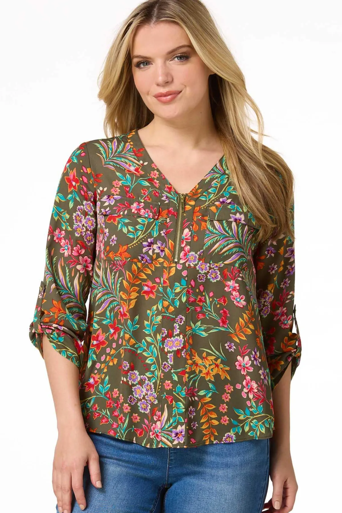 Cato Petite Garden Floral Zip Front Top> Petites|Tops