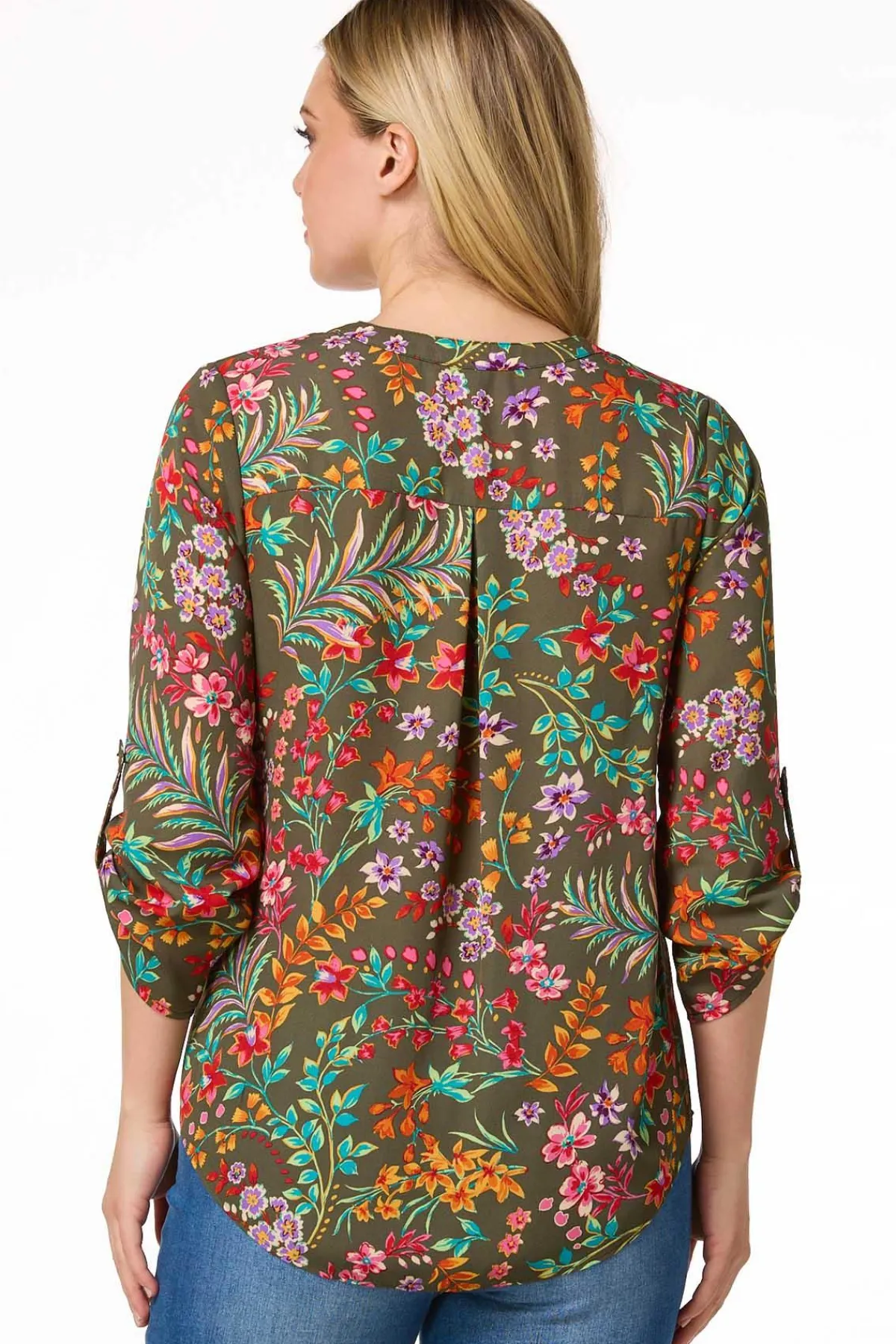 Cato Petite Garden Floral Zip Front Top> Petites|Tops