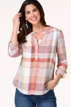 Cato Plaid Popover Top> Tops