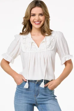 Cato Puff Sleeve Crochet Top><noscript><img width=