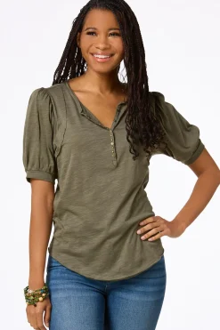 Cato Puff Sleeve Snap Henley><noscript><img width=
