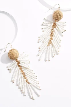 Cato Raffia Ball White Bead Fringe Earrings> Earrings