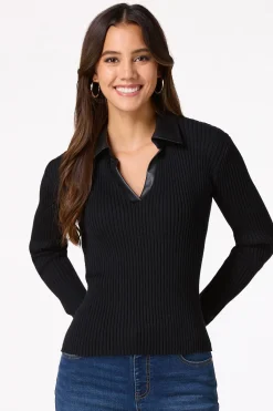 Cato Ribbed Faux Leather Collar Sweater> Sweaters