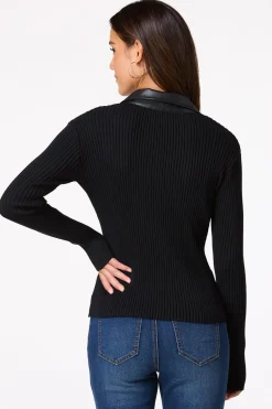 Cato Ribbed Faux Leather Collar Sweater> Sweaters