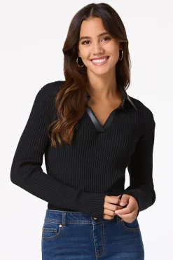 Cato Ribbed Faux Leather Collar Sweater><noscript><img width=