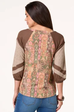 Cato Ribbed Mixed Print Baseball Top> Tops