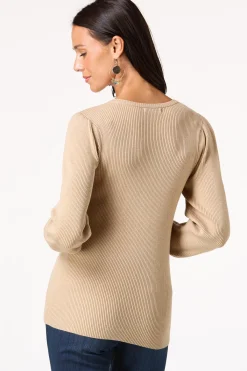 Cato Ribbed Puff Sleeve Sweater><noscript><img width=