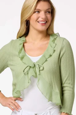 Cato Ribbed Ruffled Trim Cardigan><noscript><img width=
